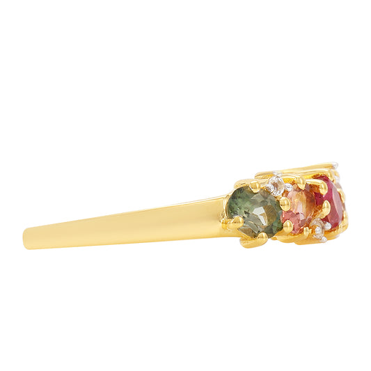 Anillo de Plata Bañada en Oro con Turmalina Arco Iris Pelmadulla y Topacio Blanco