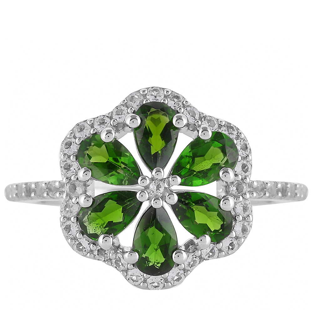 Anillo de Plata con Diópsido de Cromo y Topacio Blanco