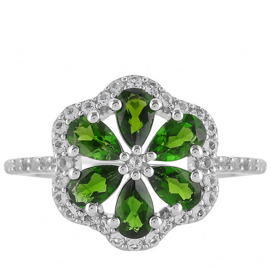 Anillo de Plata con Diópsido de Cromo y Topacio Blanco