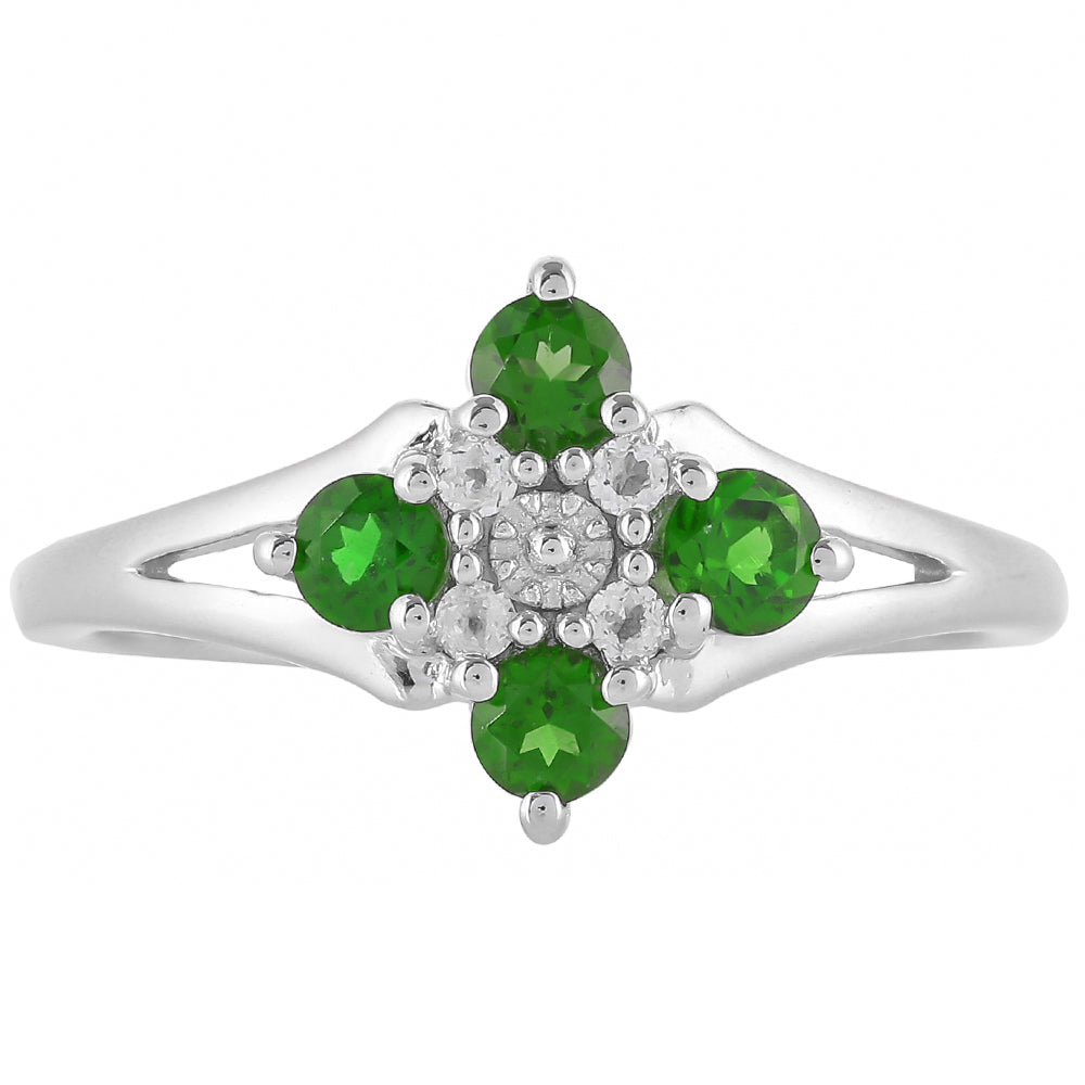 Anillo de Plata con Diópsido de Cromo y Topacio Blanco