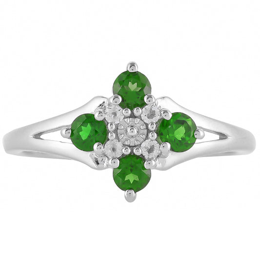 Anillo de Plata con Diópsido de Cromo y Topacio Blanco