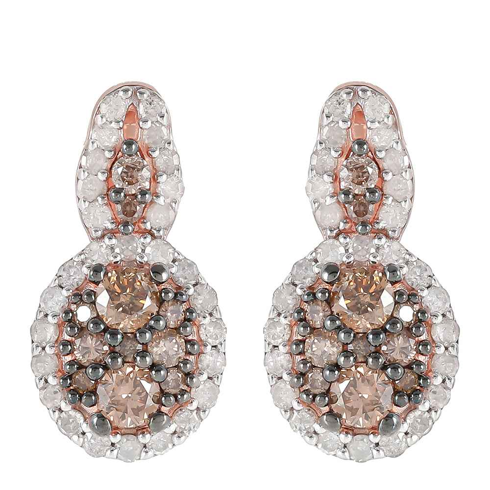 Pendientes de Plata Bañada en Oro Rosa con Diamante Champagne y Diamante blanco