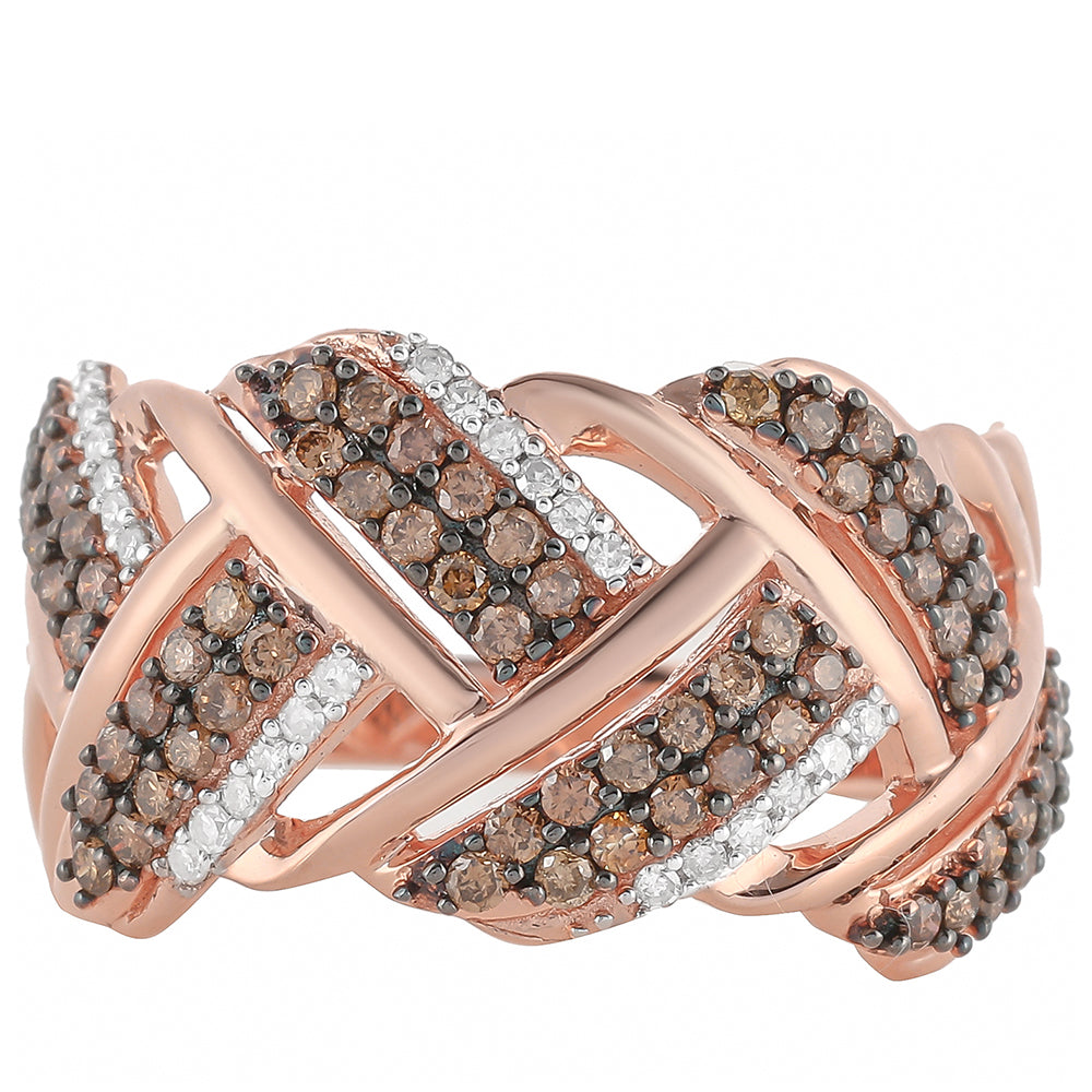 Anillo de Plata Bañada en Oro Rosa con Diamante Champagne y Diamante blanco