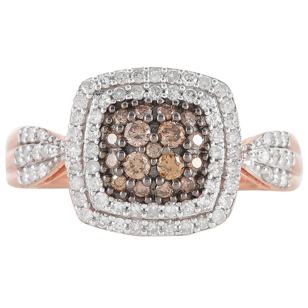 Anillo de Plata Bañada en Oro Rosa con Diamante Champagne y Diamante blanco