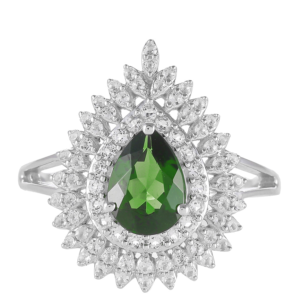 Anillo de Plata con Diópsido de Cromo y Topacio Blanco 1 