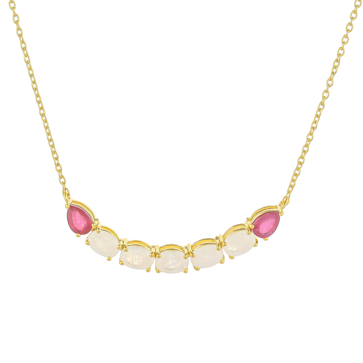 Collar de Plata Bañada en Oro con Piedra Lunar Arco Iris y Rubí de Tailandia