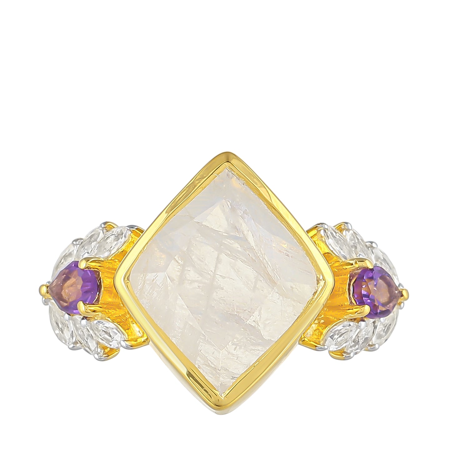 Anillo de Plata Bañada en Oro con Piedra Lunar Arco Iris y Amatista de Brasil