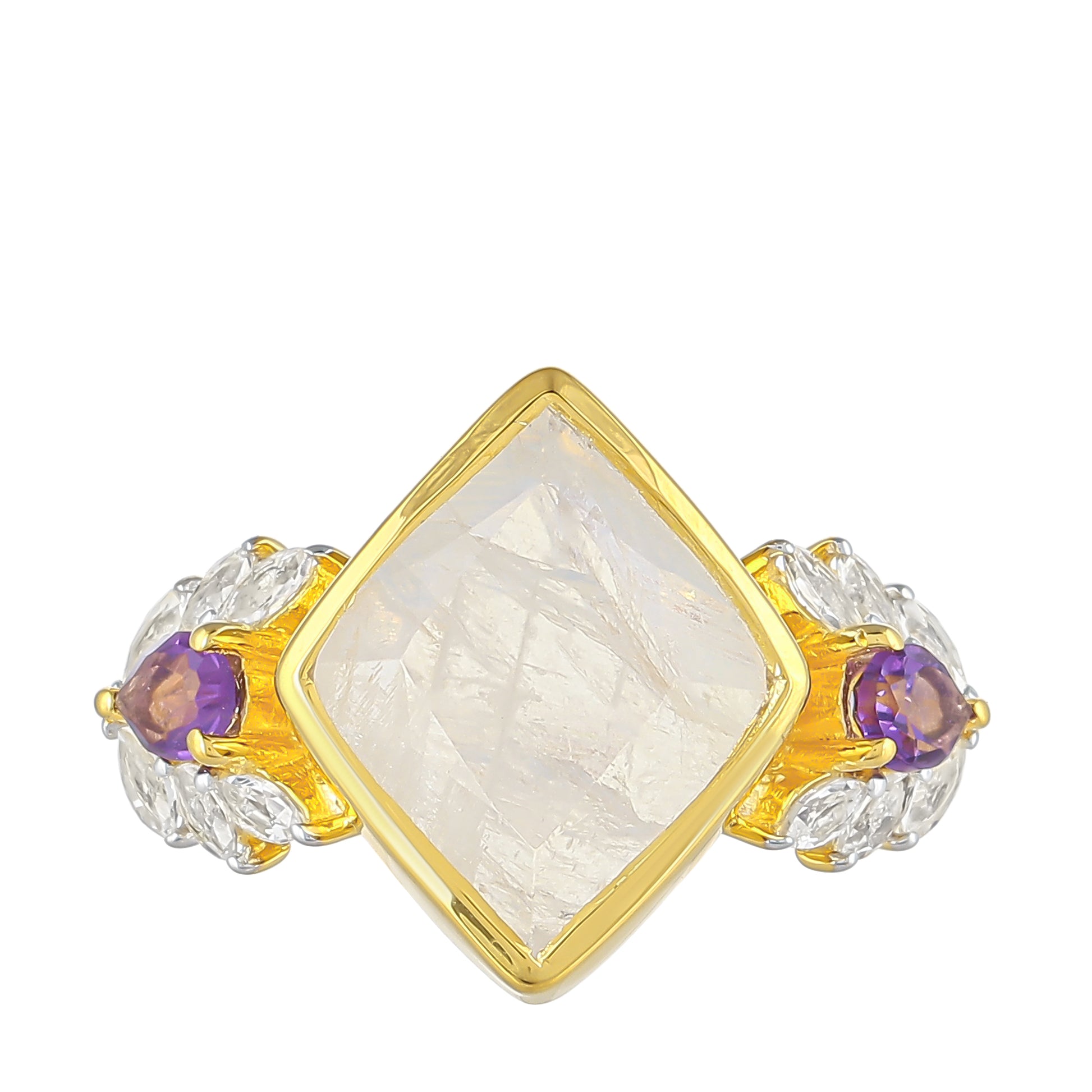 Anillo de Plata Bañada en Oro con Piedra Lunar Arco Iris y Amatista de Brasil 1 