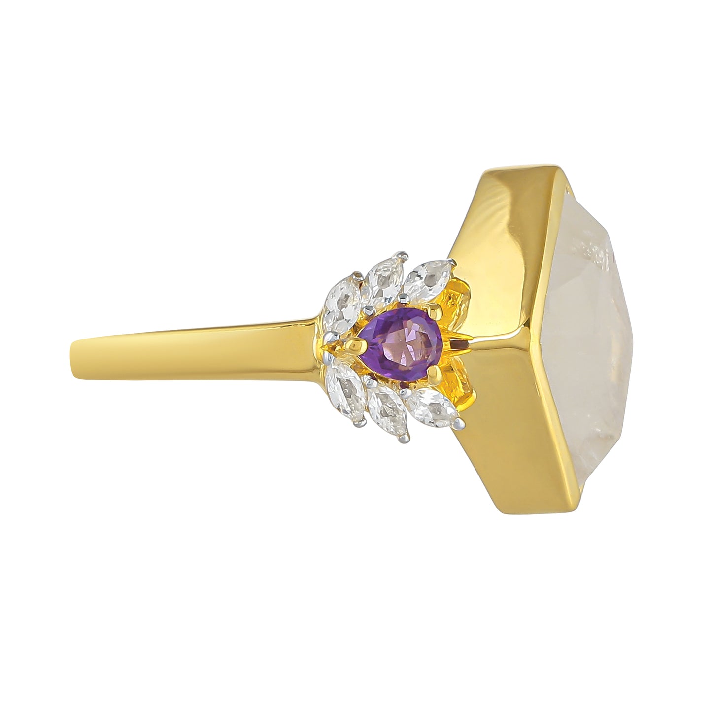 Anillo de Plata Bañada en Oro con Piedra Lunar Arco Iris y Amatista de Brasil