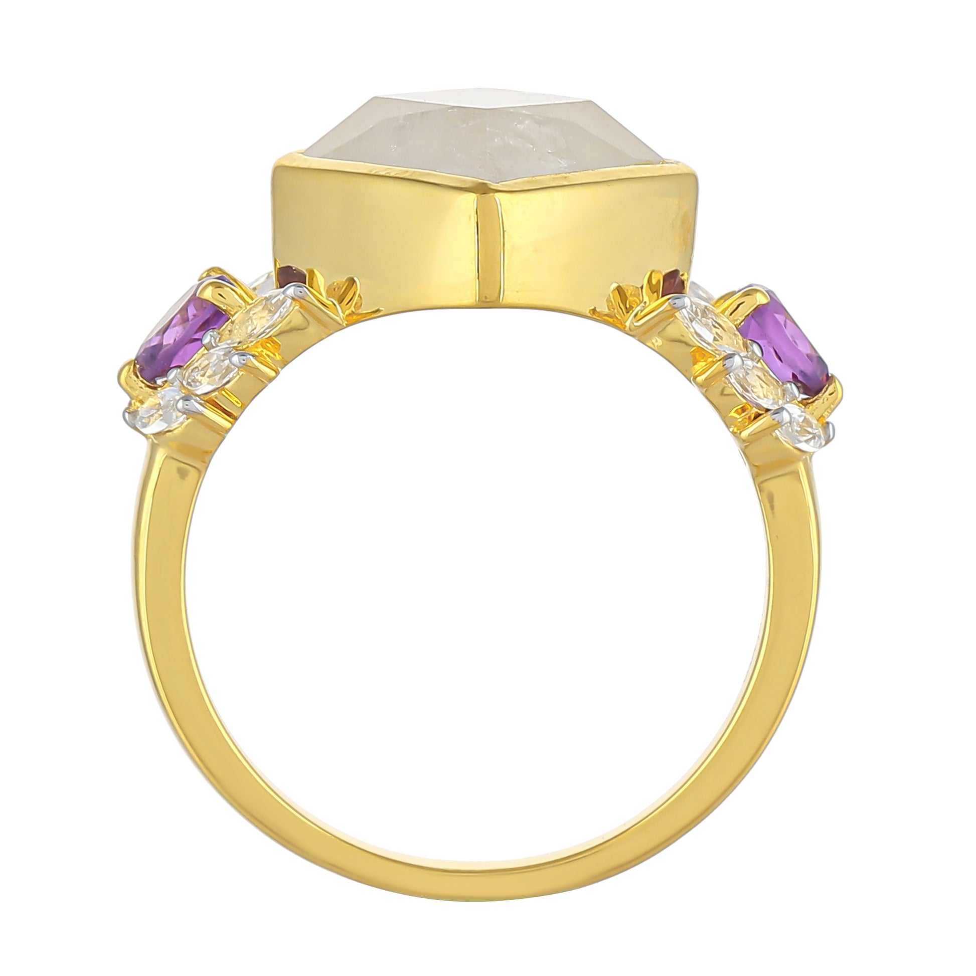 Anillo de Plata Bañada en Oro con Piedra Lunar Arco Iris y Amatista de Brasil 4 