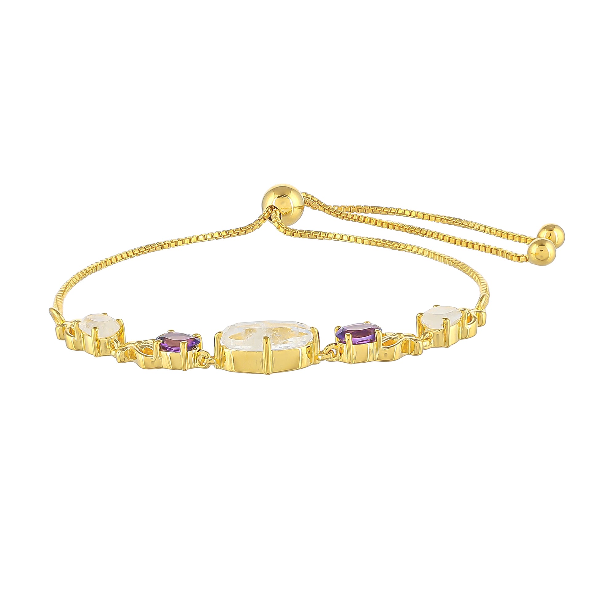 Pulsera de Plata Bañada en Oro con Piedra Lunar Arco Iris y Amatista de Brasil 2 
