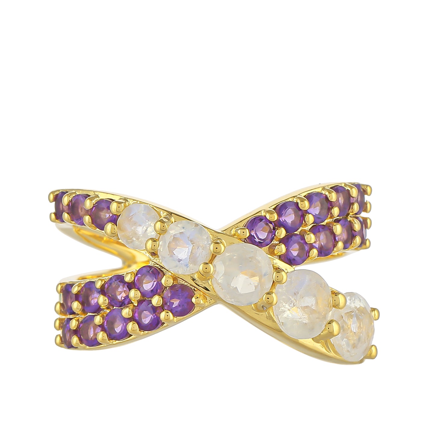 Anillo de Plata Bañada en Oro con Piedra Lunar Arco Iris y Amatista de Brasil