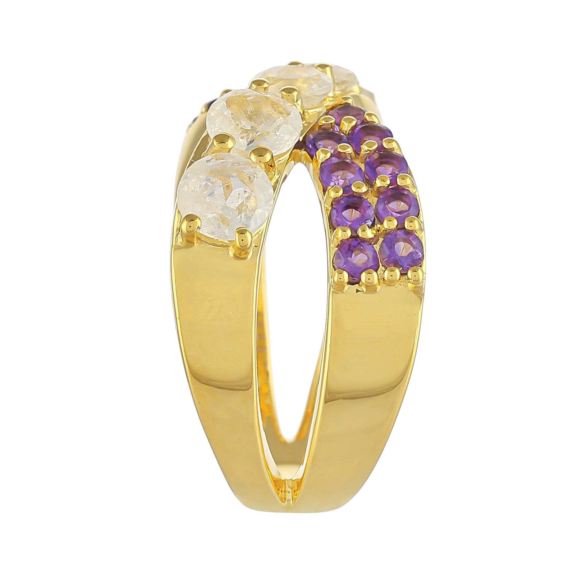 Anillo de Plata Bañada en Oro con Piedra Lunar Arco Iris y Amatista de Brasil 3 