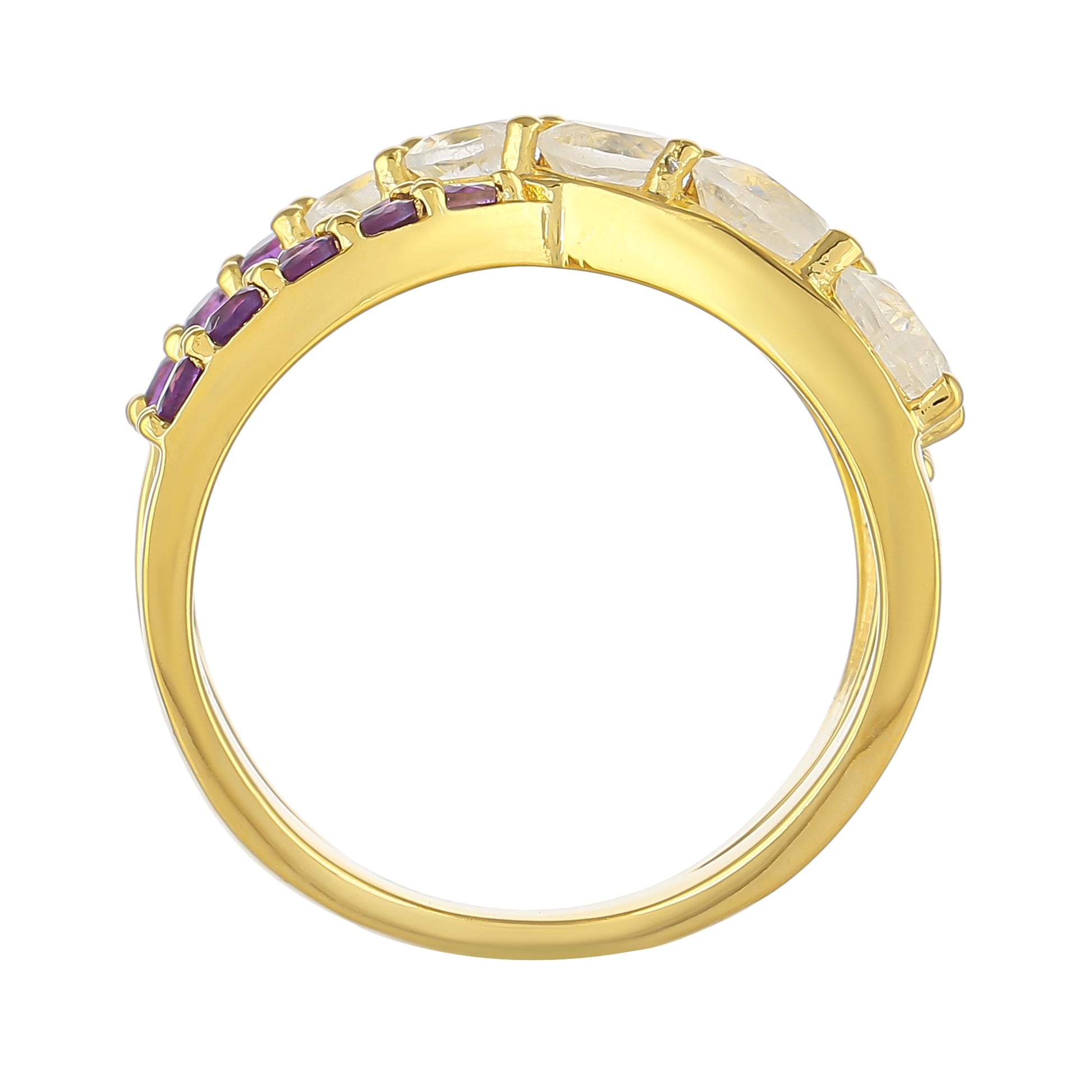 Anillo de Plata Bañada en Oro con Piedra Lunar Arco Iris y Amatista de Brasil 4 