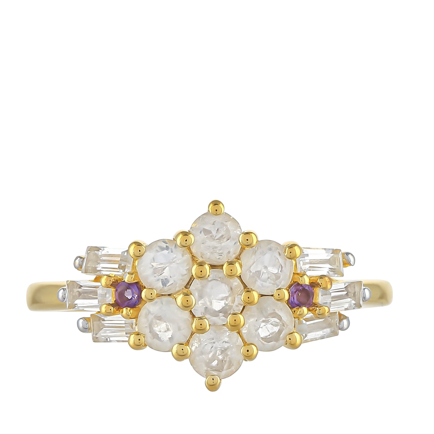 Anillo de Plata Bañada en Oro con Piedra Lunar Arco Iris y Amatista de Brasil