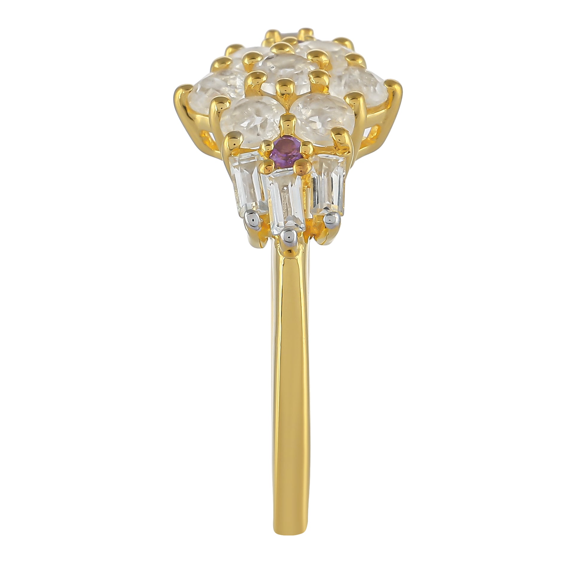 Anillo de Plata Bañada en Oro con Piedra Lunar Arco Iris y Amatista de Brasil 3 