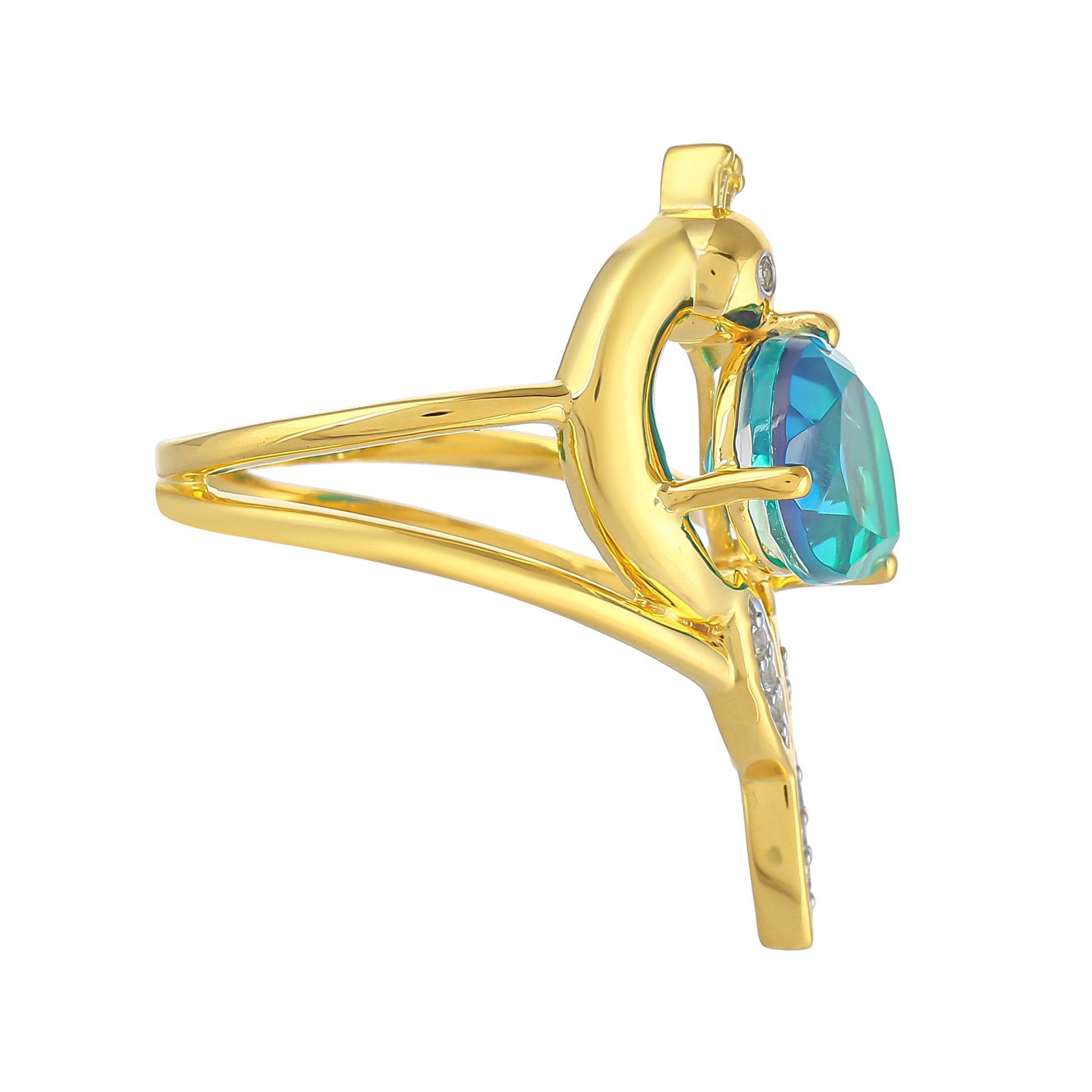 Anillo de Plata Bañada en Oro con Cuarzo Pavo Real y Topacio Blanco 2 