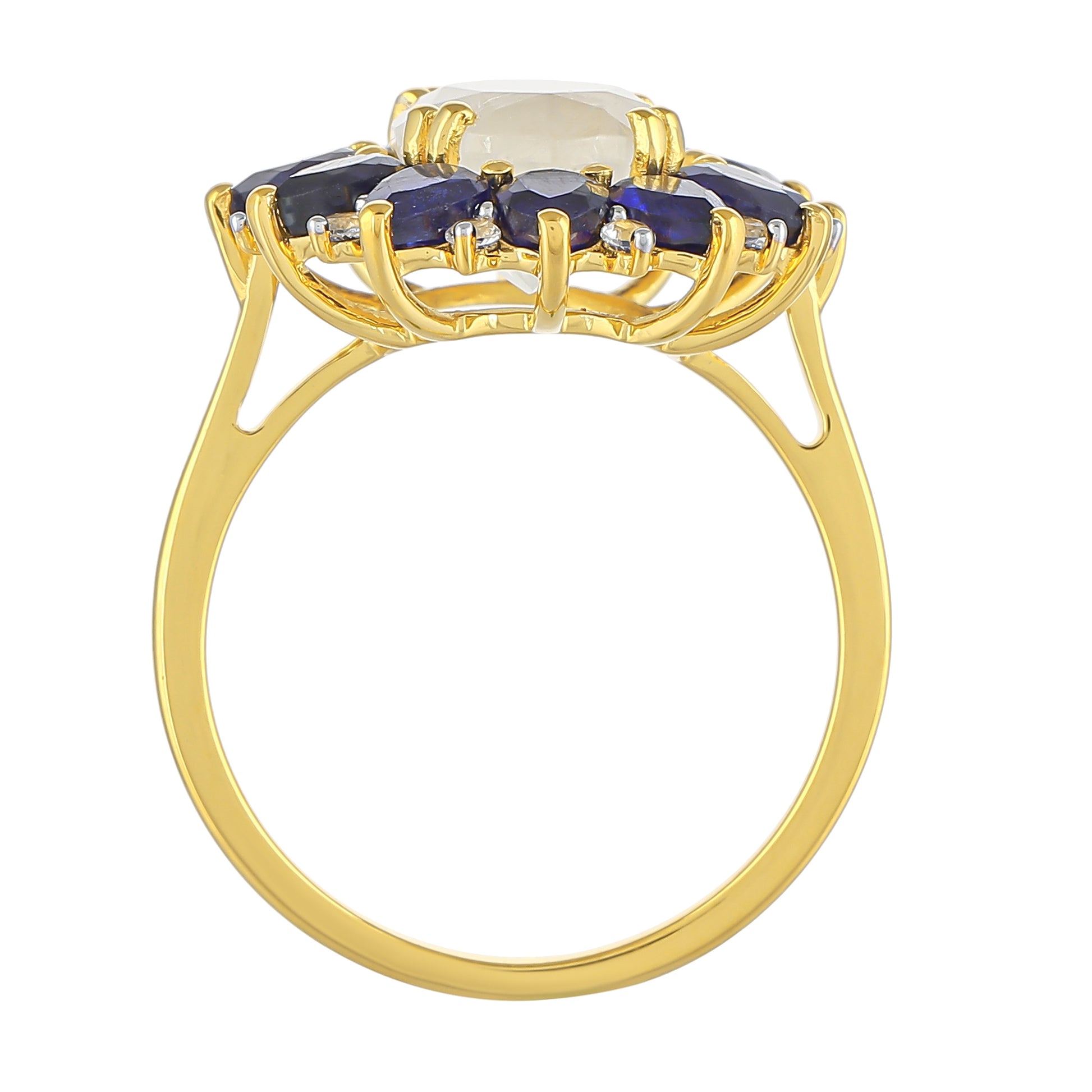 Anillo de Plata Bañada en Oro con Piedra Lunar Arco Iris y Zafiro de Tailandia 4 