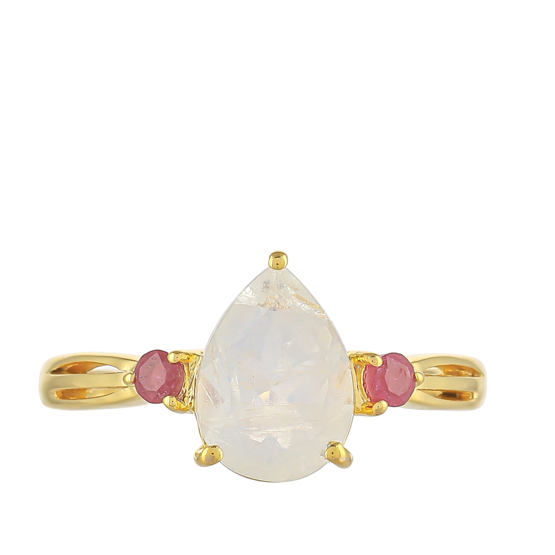 Anillo de Plata Bañada en Oro con Piedra Lunar Arco Iris y Rubí de Tailandia 1 