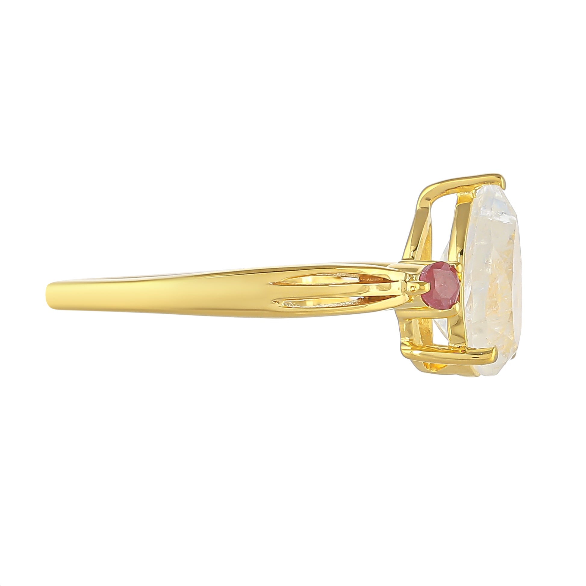 Anillo de Plata Bañada en Oro con Piedra Lunar Arco Iris y Rubí de Tailandia 2 