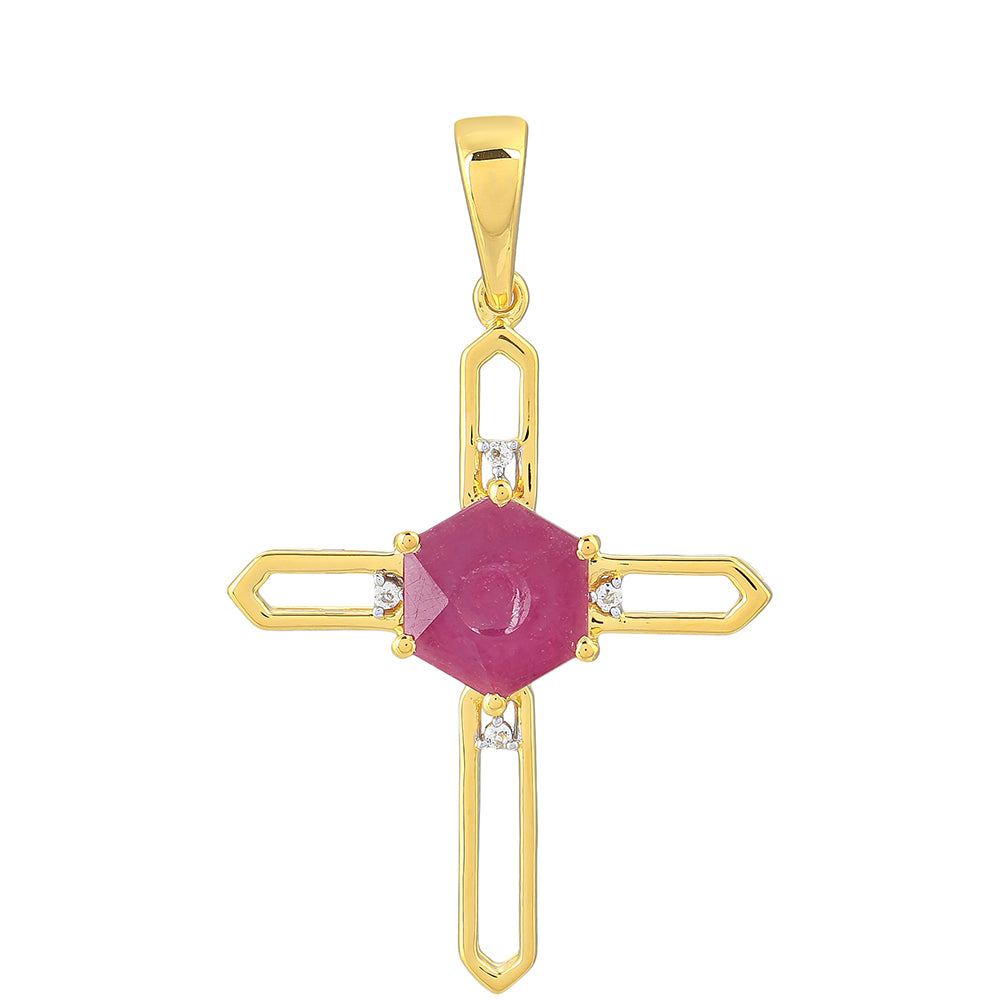 Cruz Colgante de Plata Bañada en Oro con Rubí de Tailandia y Topacio Blanco 1 