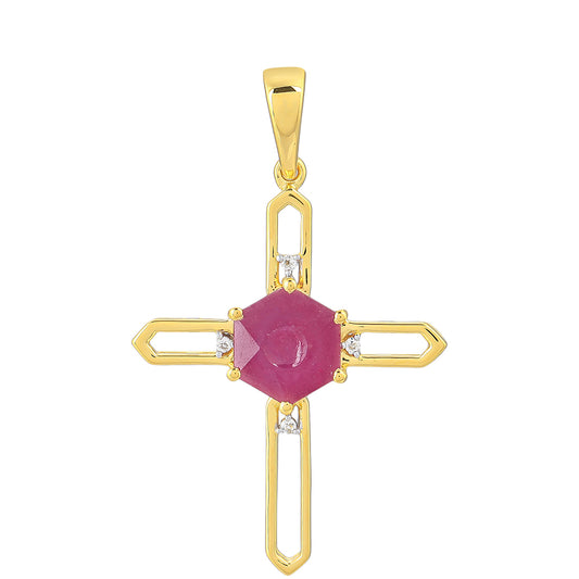 Cruz Colgante de Plata Bañada en Oro con Rubí de Tailandia y Topacio Blanco