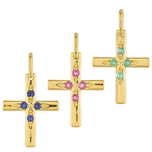 Cruz Conjunto de Plata Bañada en Oro con Rubí de Tailandia y Esmeralda de Brasil ( Colgante )