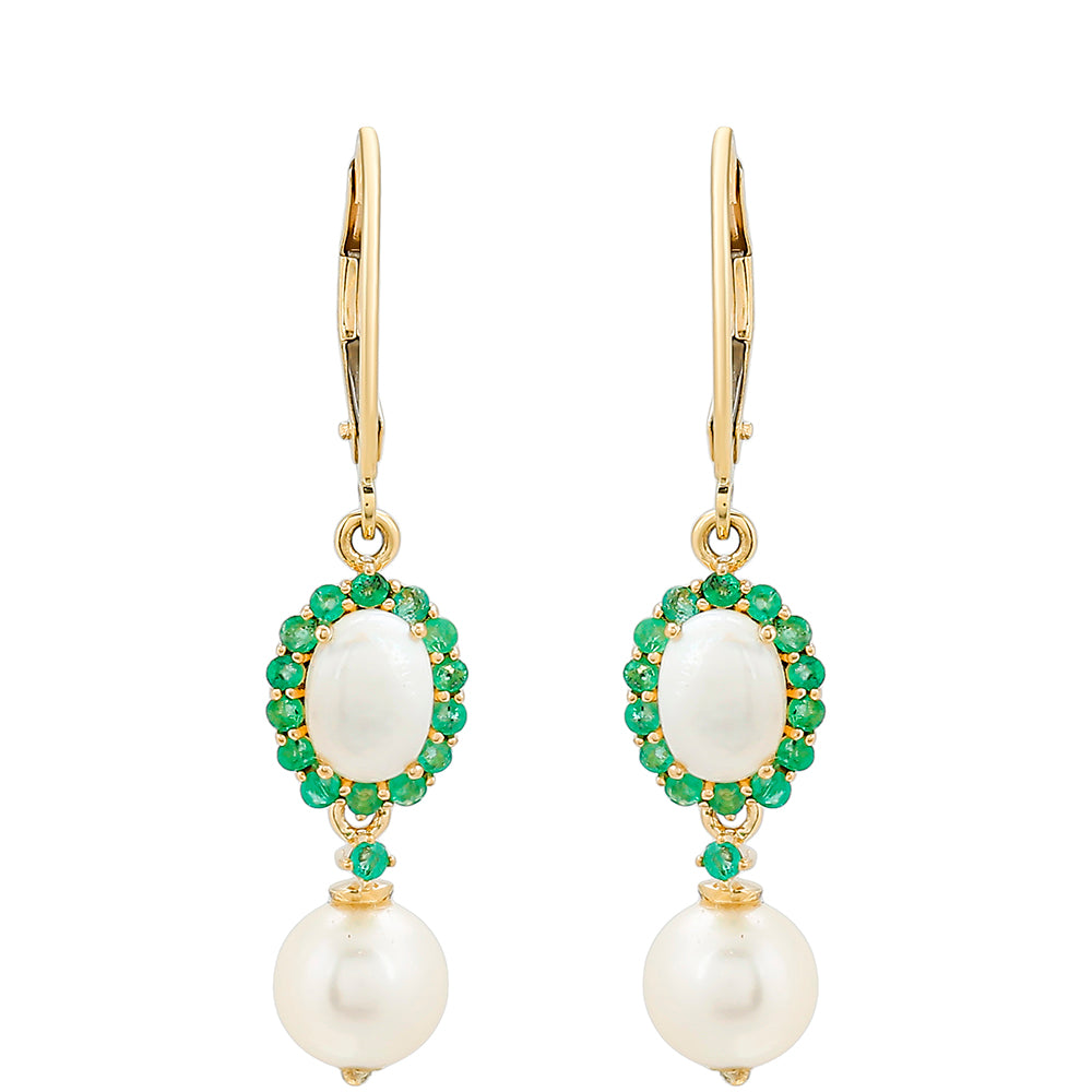 Pendientes de Oro 9K con Esmeralda de Brasil y Perla blanca de agua dulce