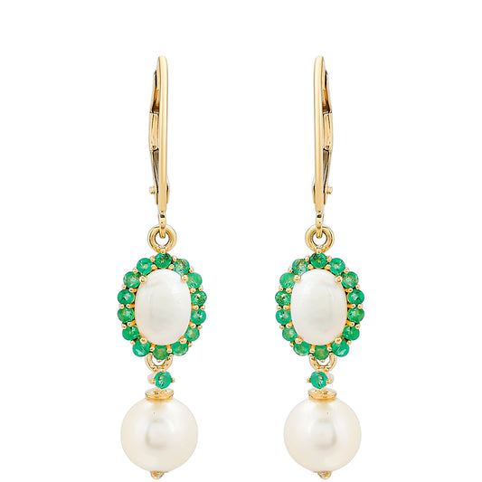 Pendientes de Oro 9K con Esmeralda de Brasil y Perla blanca de agua dulce