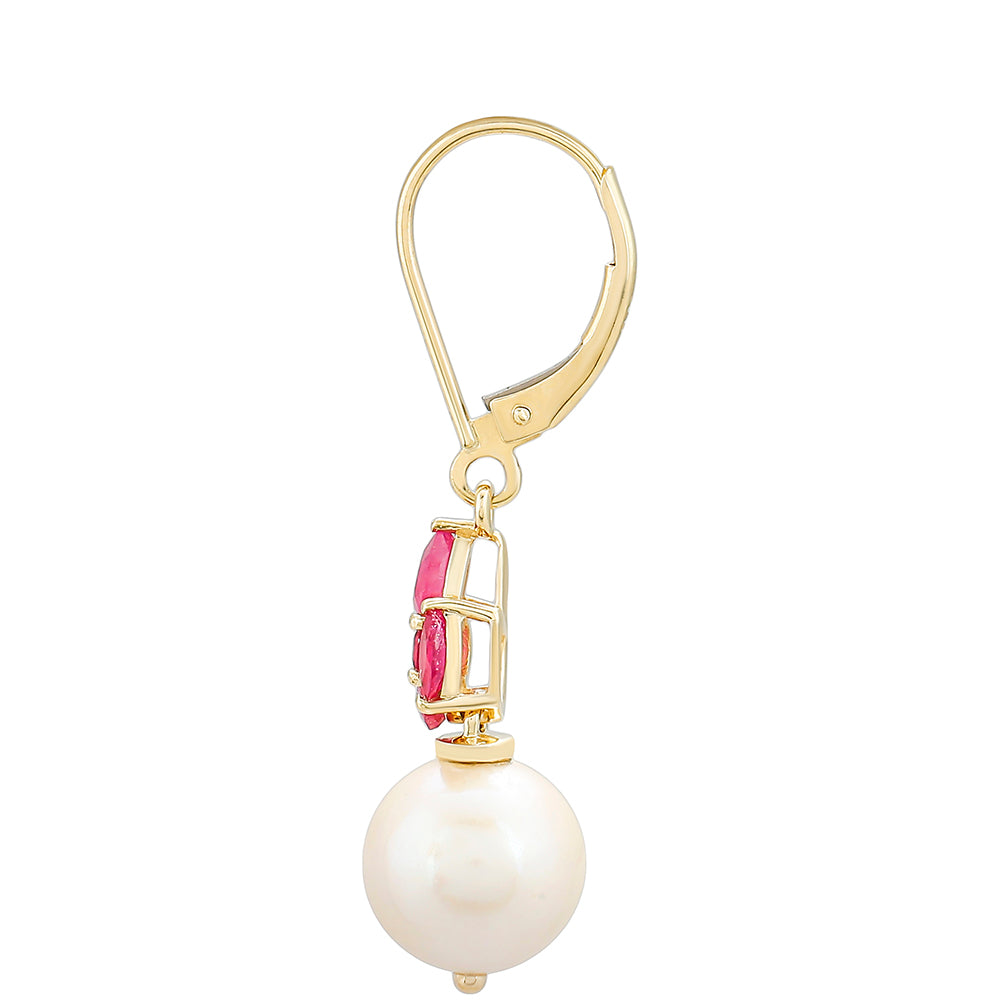 Pendientes de Oro 9K con Rubí de Tailandia y Perla blanca de agua dulce