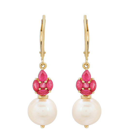 Pendientes de Oro 9K con Rubí de Tailandia y Perla blanca de agua dulce