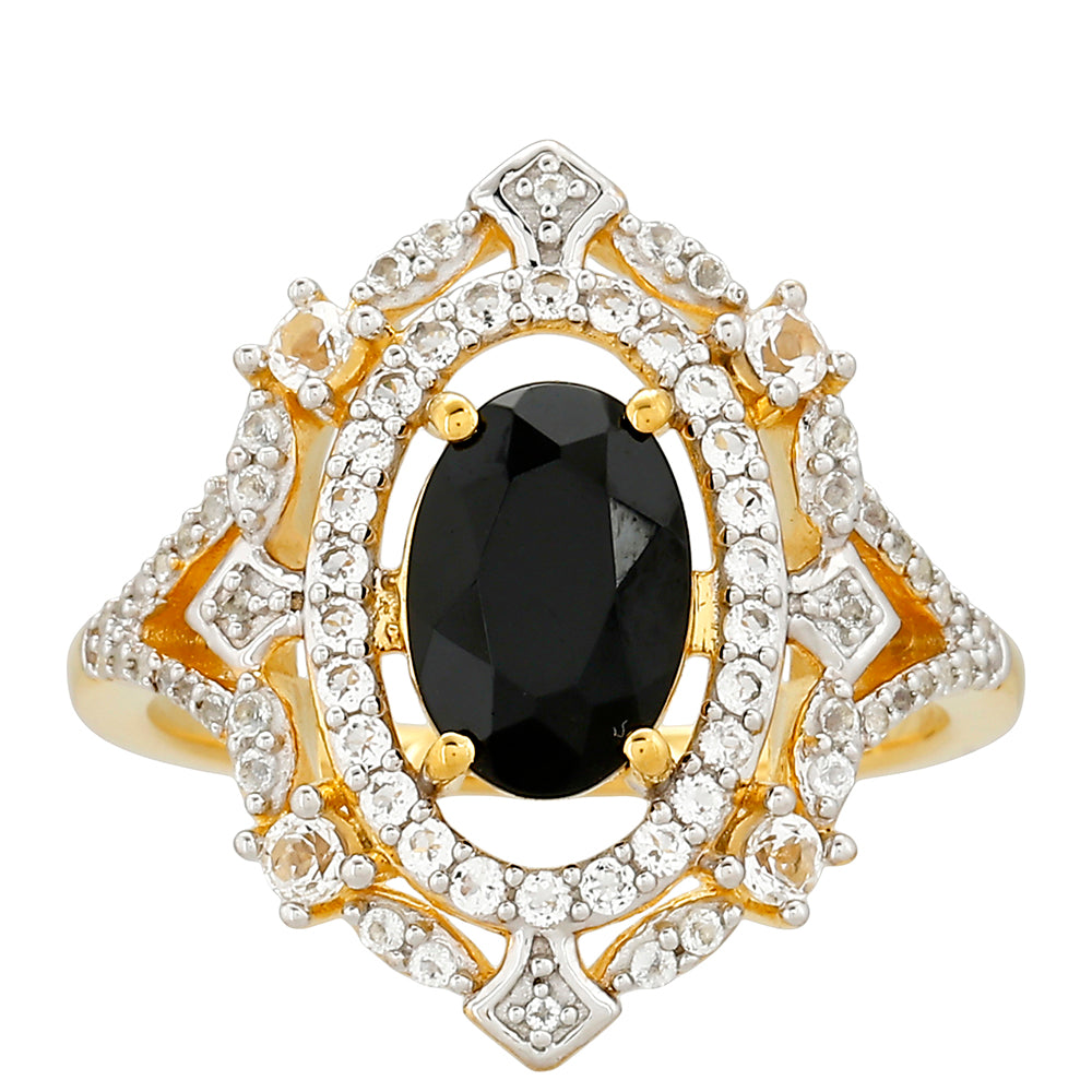 Anillo de Plata Bañada en Oro con Turmalina Negra y Topacio Blanco