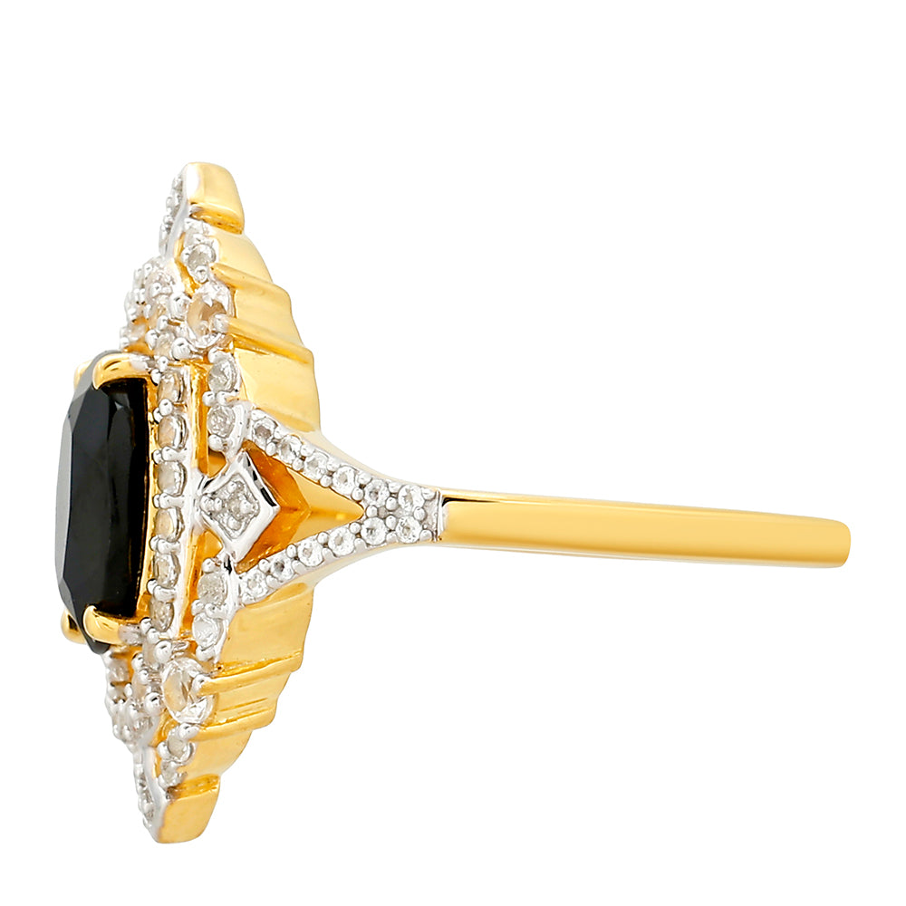 Anillo de Plata Bañada en Oro con Turmalina Negra y Topacio Blanco