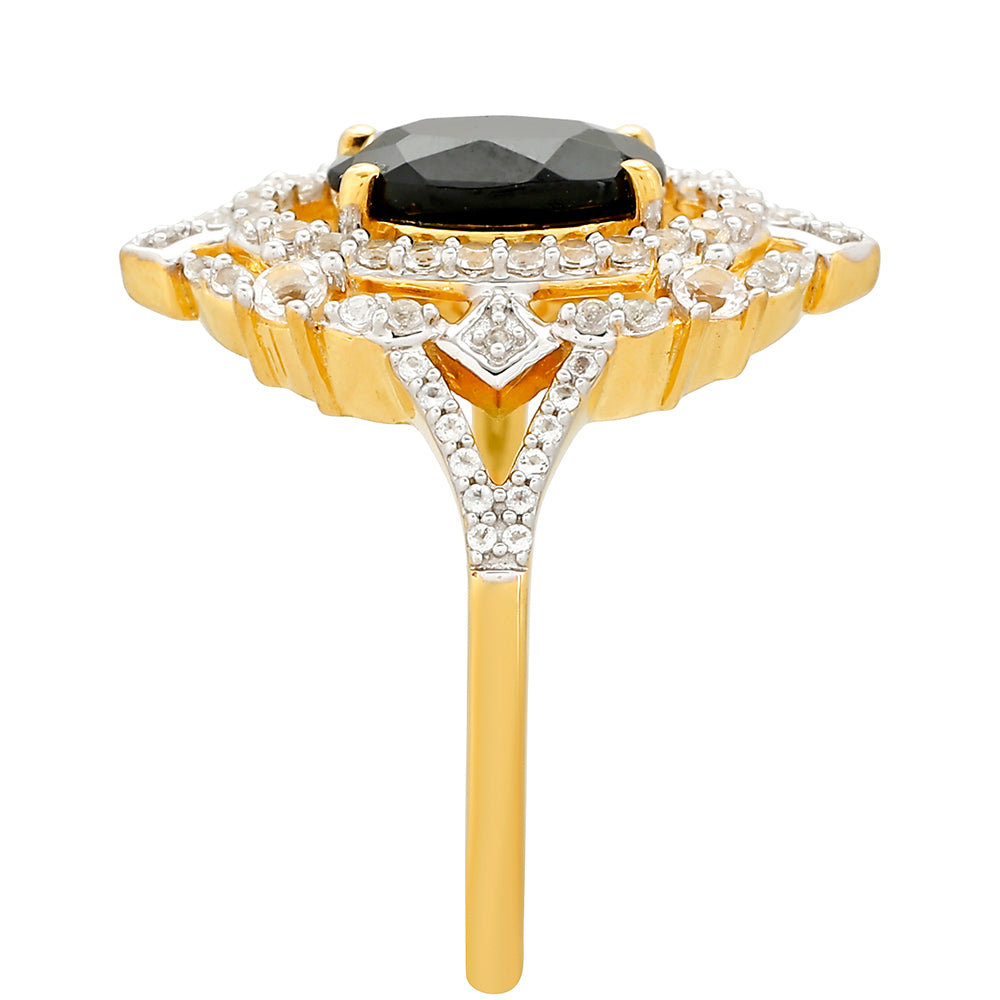 Anillo de Plata Bañada en Oro con Turmalina Negra y Topacio Blanco 3 