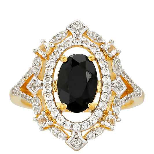 Anillo de Plata Bañada en Oro con Turmalina Negra y Topacio Blanco