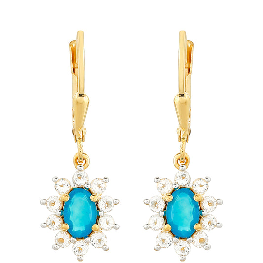 Pendientes de Plata Bañada en Oro con Ópalo Azul Paraiba de Etiopía y Topacio Blanco