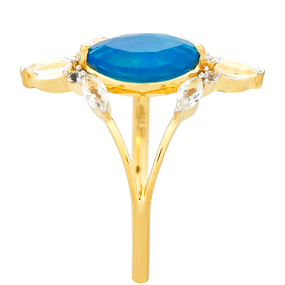 Anillo de Plata Bañada en Oro con Ópalo Azul Paraiba de Etiopía y Topacio Blanco