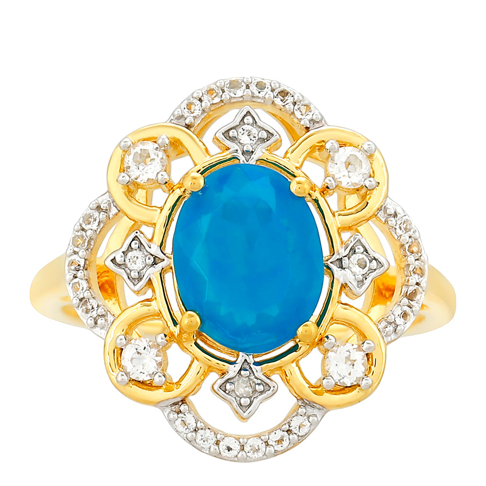 Anillo de Plata Bañada en Oro con Ópalo Azul Paraiba de Etiopía y Topacio Blanco 1 