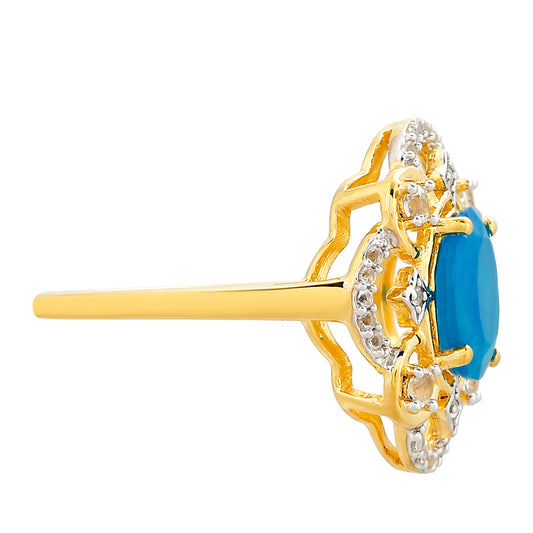 Anillo de Plata Bañada en Oro con Ópalo Azul Paraiba de Etiopía y Topacio Blanco