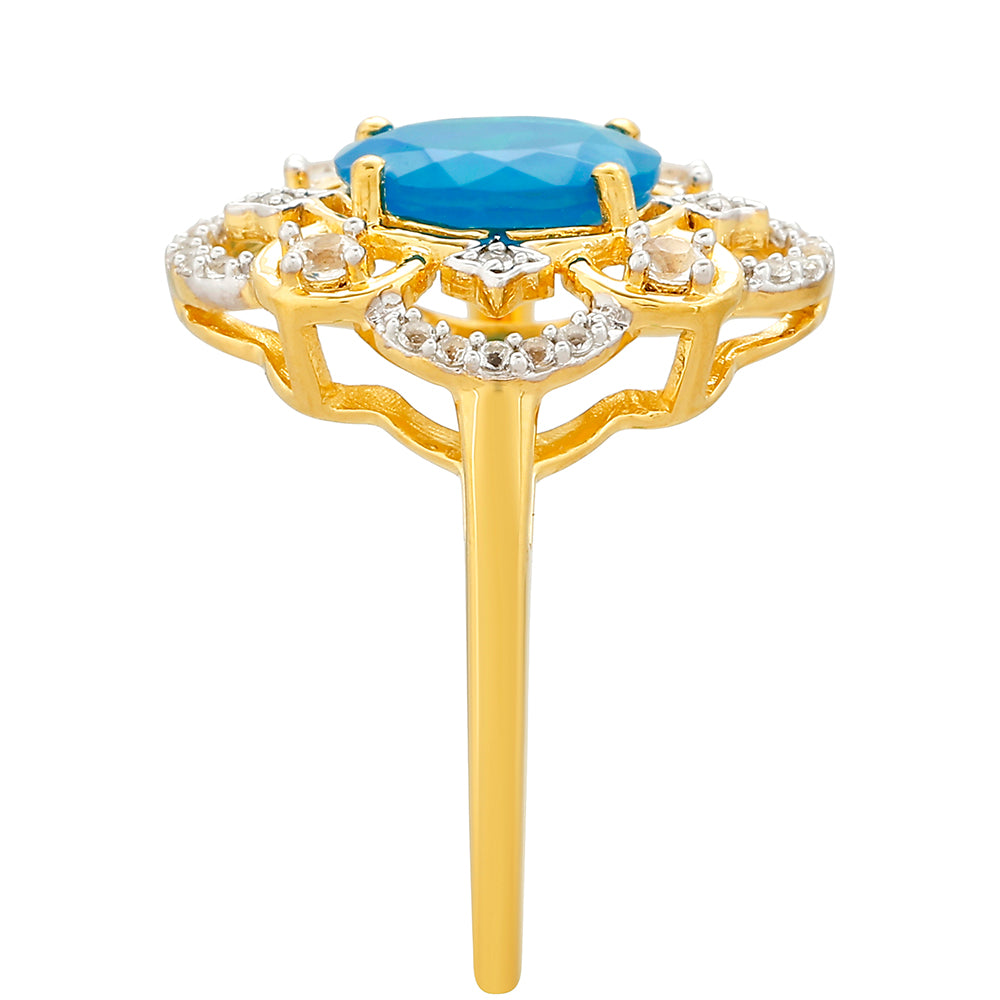 Anillo de Plata Bañada en Oro con Ópalo Azul Paraiba de Etiopía y Topacio Blanco
