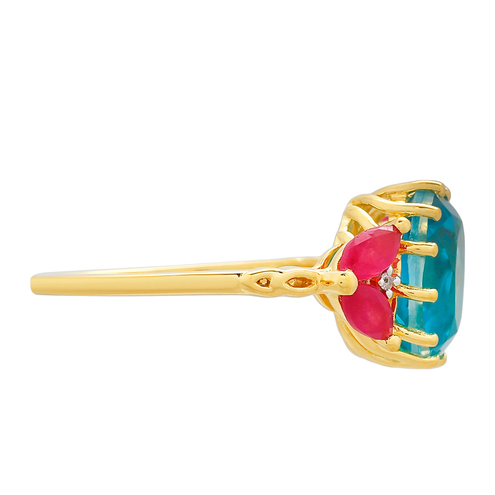 Anillo de Plata Bañada en Oro con Cuarzo Paraiba y Cuarzo Rojo 2 
