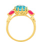Anillo de Plata Bañada en Oro con Cuarzo Paraiba y Cuarzo Rojo