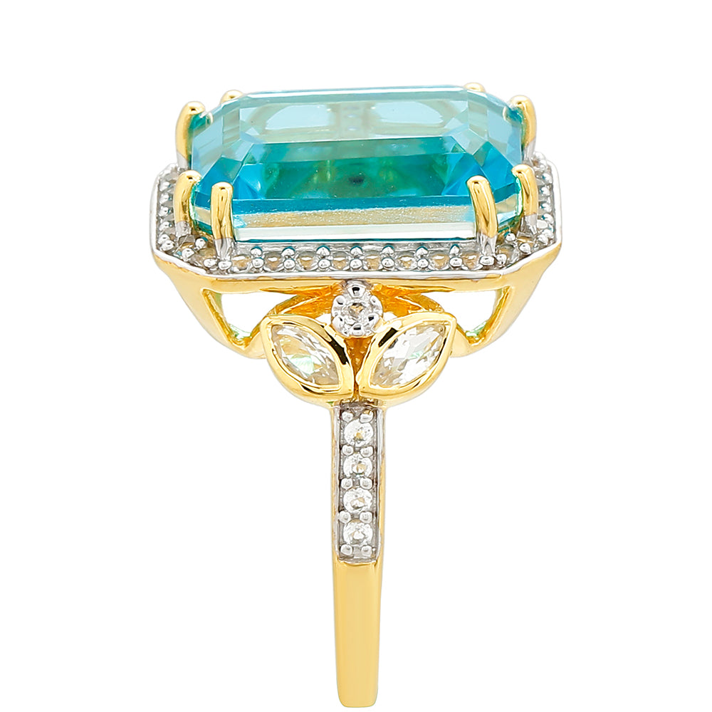 Anillo de Plata Bañada en Oro con Cuarzo Paraiba y Topacio Blanco