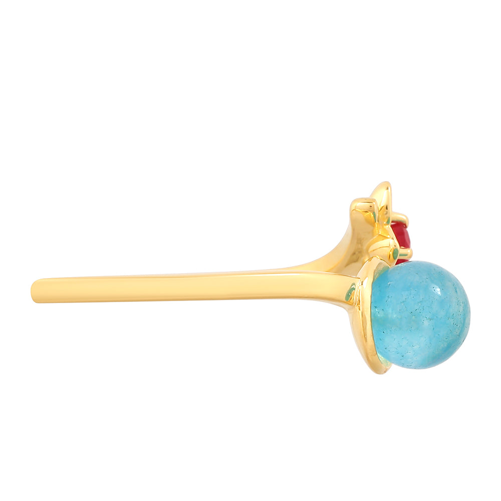 Anillo de Plata Bañada en Oro con Cuarzo Paraiba y Cuarzo Rojo