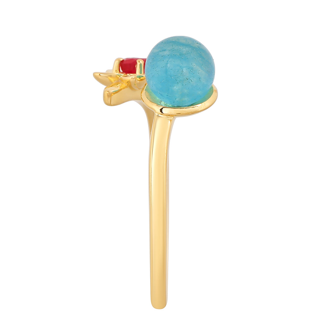 Anillo de Plata Bañada en Oro con Cuarzo Paraiba y Cuarzo Rojo