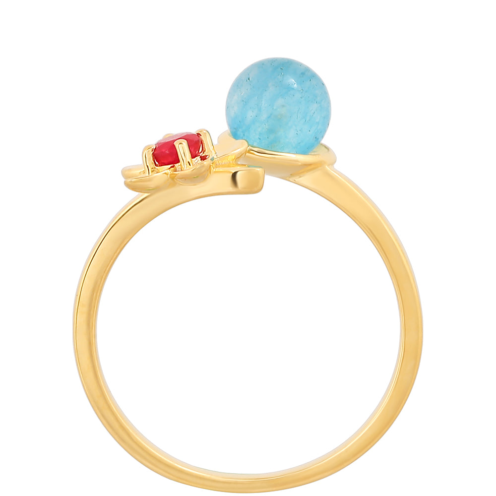 Anillo de Plata Bañada en Oro con Cuarzo Paraiba y Cuarzo Rojo 4 