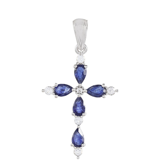 Cruz Colgante de Plata con Zafiro de Tailandia y Topacio Blanco