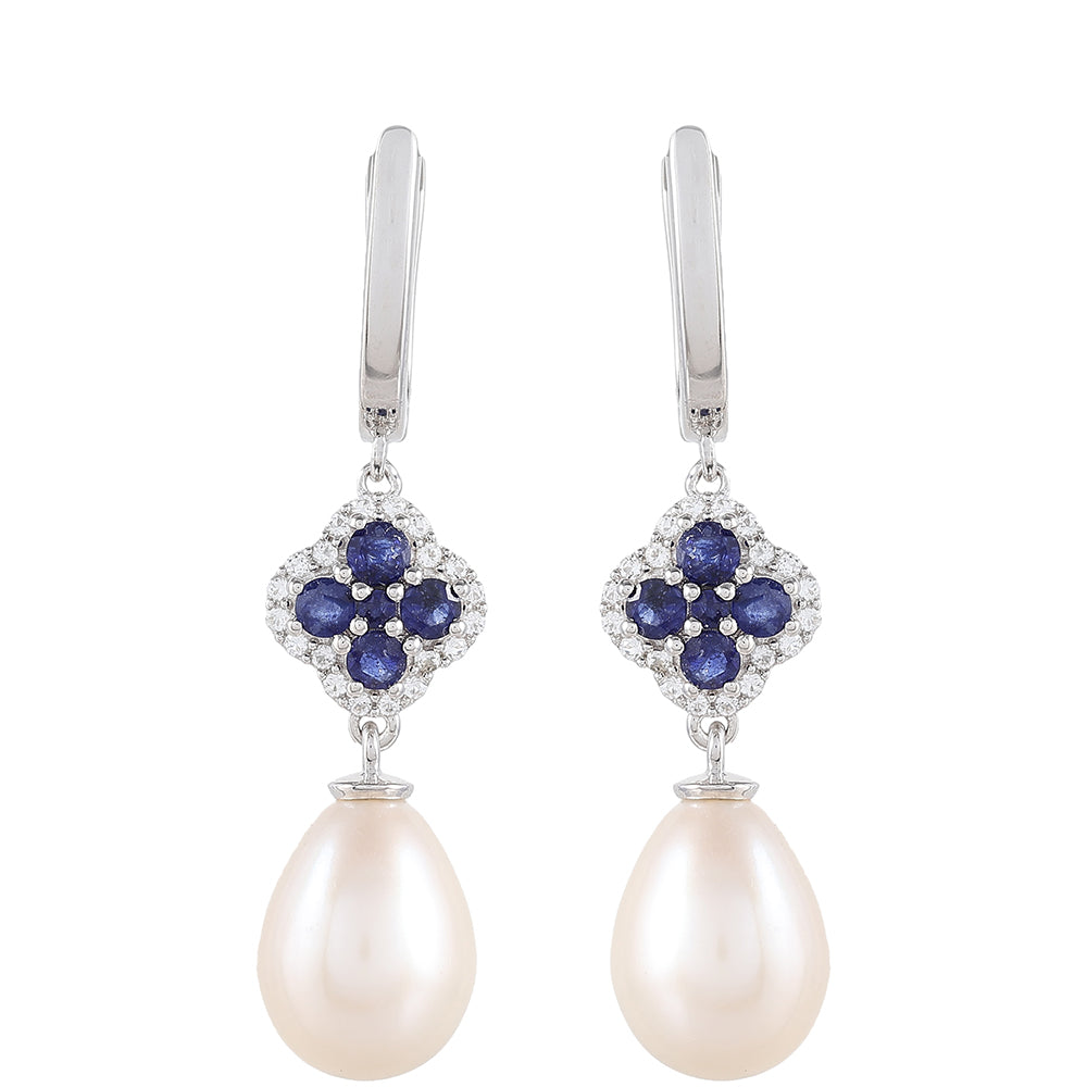 Pendientes de Plata con Zafiro de Tailandia y Perla blanca de agua dulce