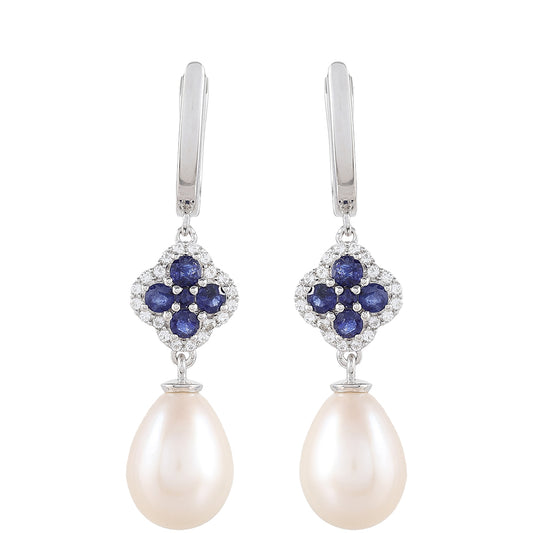 Pendientes de Plata con Zafiro de Tailandia y Perla blanca de agua dulce