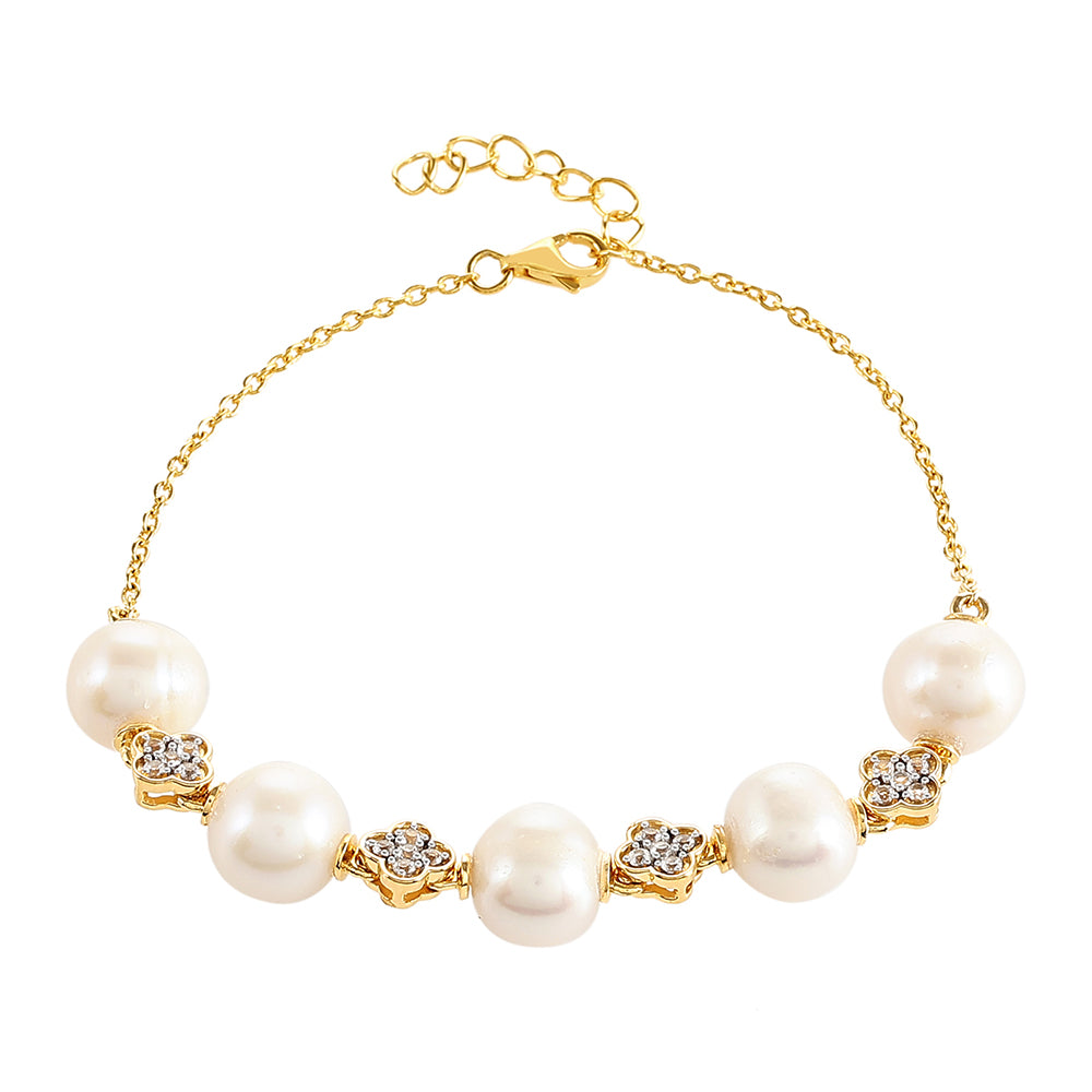 Pulsera de Plata Bañada en Oro con Perla Barroca Cultivada de Agua Dulce y Topacio Blanco 1 